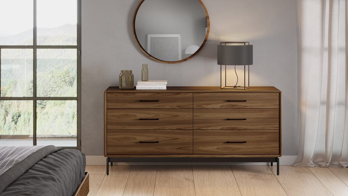 Linq 9186 modern wood bedroom 5 drawer chest bdi furniture walnut lifestyle 1440