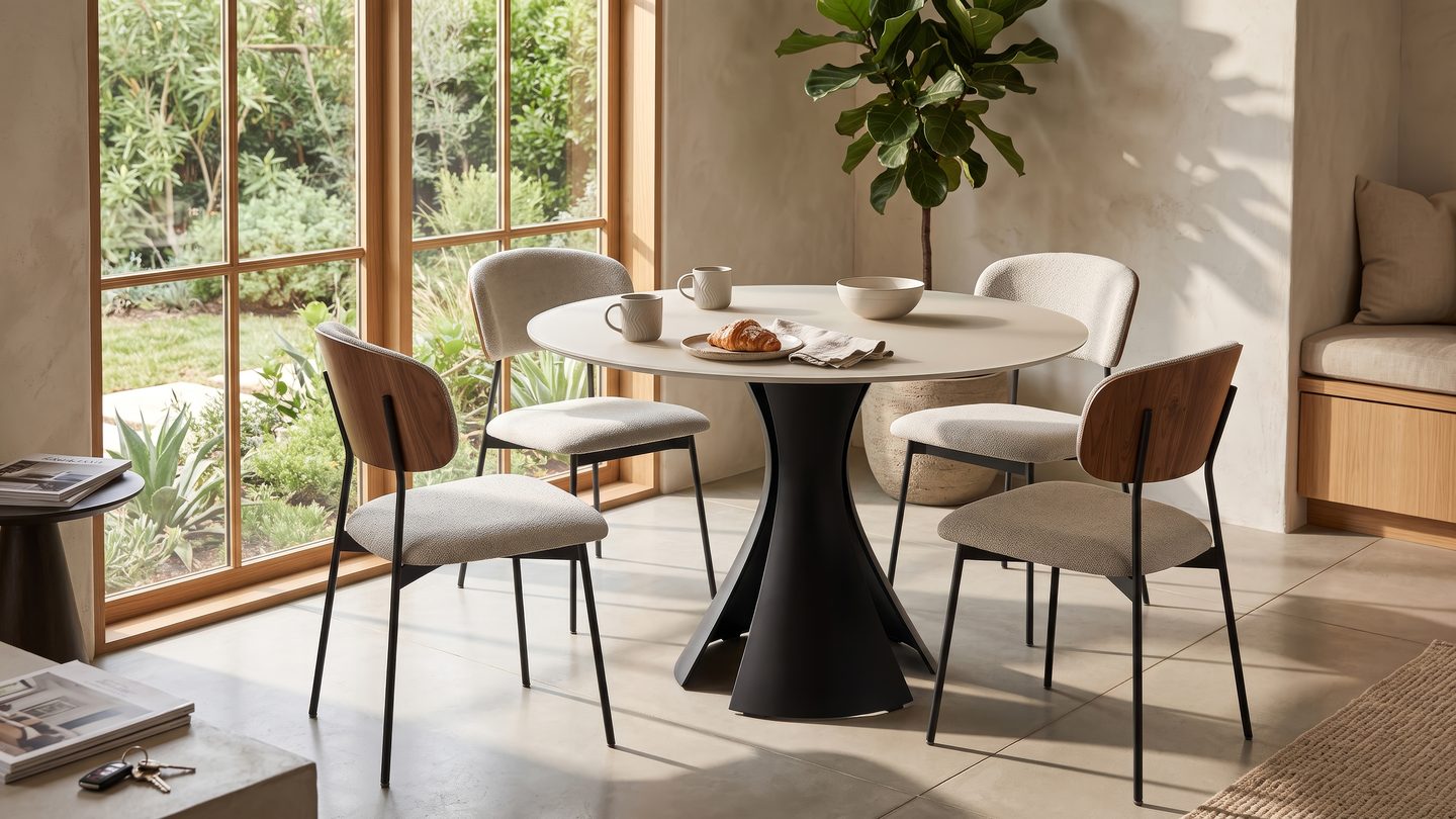 Bloom 7720 48-inch round dining table by BDI with Oyster glass top and Black sculptural steel base in a bright breakfast nook.