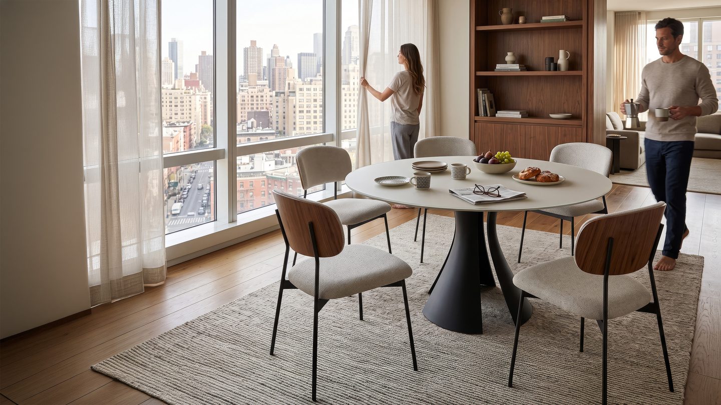 Bloom 7722 60-inch round dining table by BDI with Oyster glass top and Black sculptural steel base in a bright dining room.