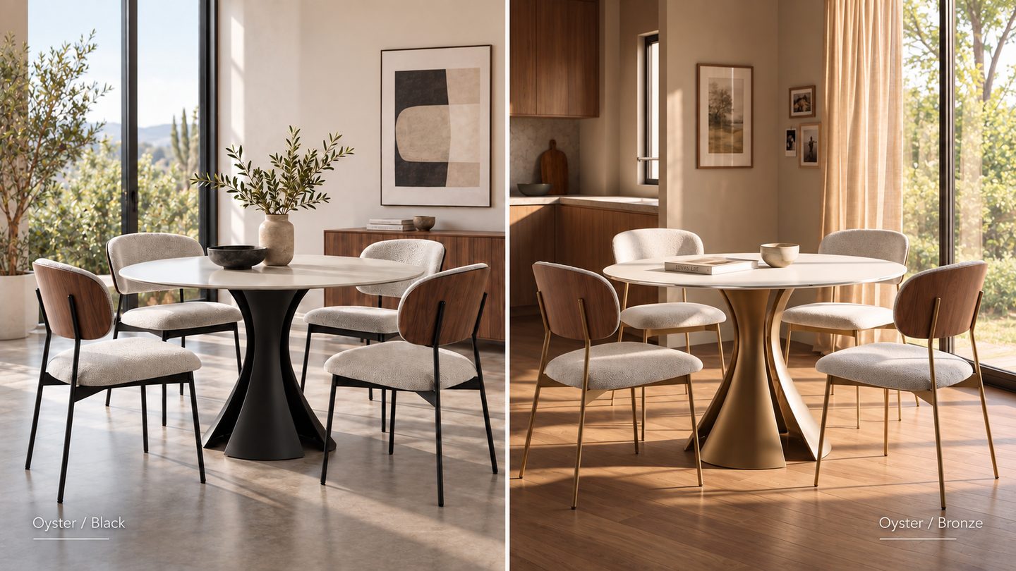 BDI Bloom 7720 48-inch round dining table with Oyster glass top, shown with Black and Bronze sculptural steel bases.