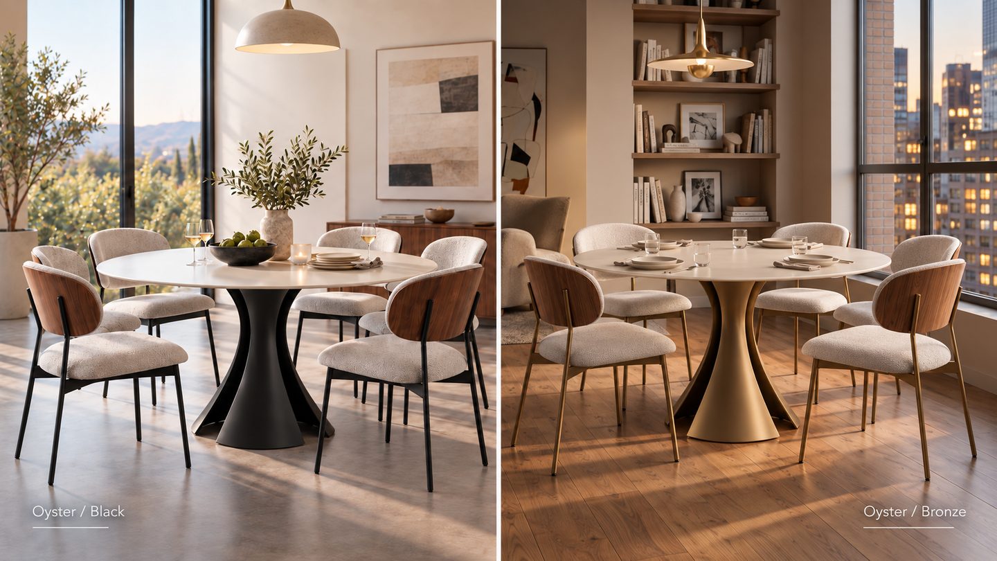 BDI Bloom 7722 60-inch round dining table with Oyster glass top, shown with Black and Bronze sculptural steel bases.