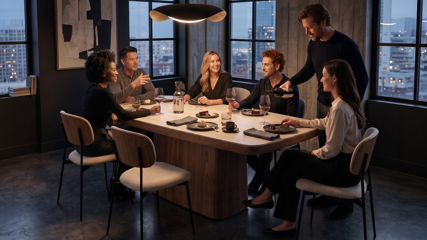 BDI Halcyon 7708 dining table paired with Cove chairs in a modern dining setting, with guests gathered around the Travertine sintered stone surface.