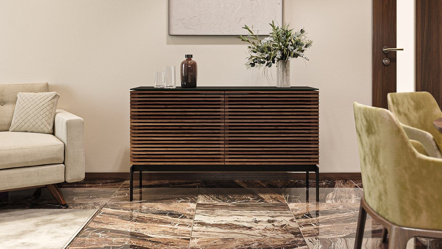 BDI Corridor SV 7128 slim double width storage cabinet and compact TV stand in natural walnut finish.