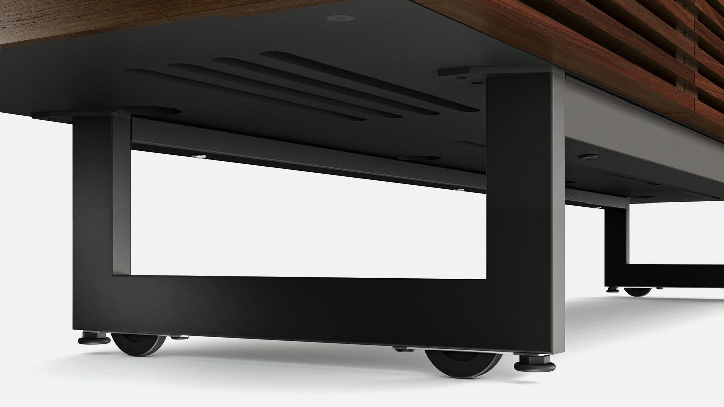 The BDI Corridor 8177's hidden wheels provide ease of movement and effortless access to component connections and cables.