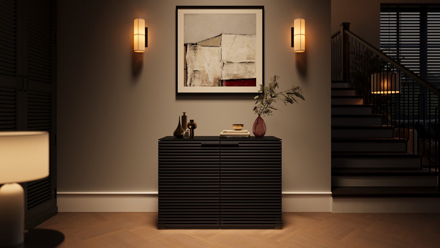 The BDI Corridor 8108 storage cabinet in a darkly lit, relaxing room setting.