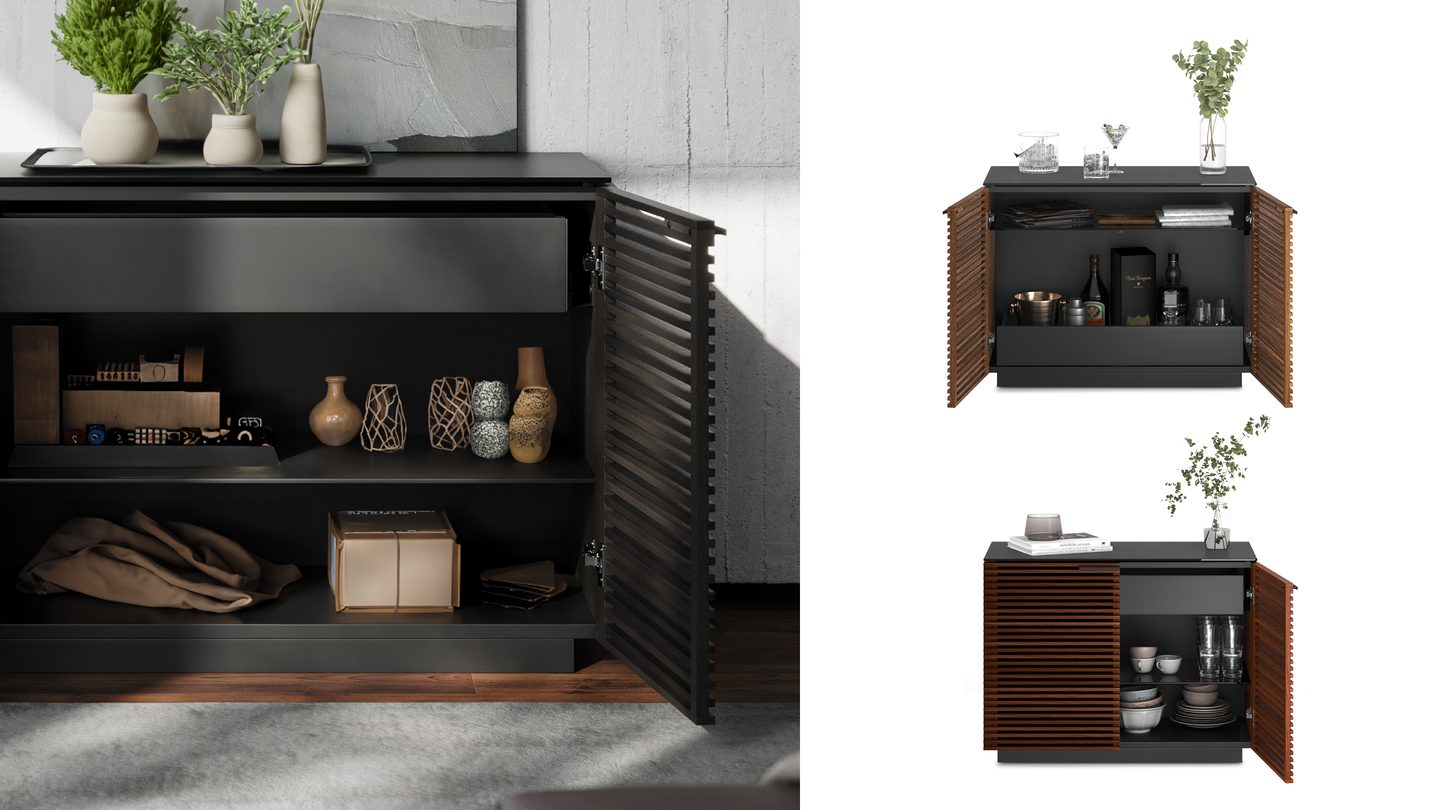 BDI Corridor 8108 collage, showcasing the 2-door cabinet's customizable storage.