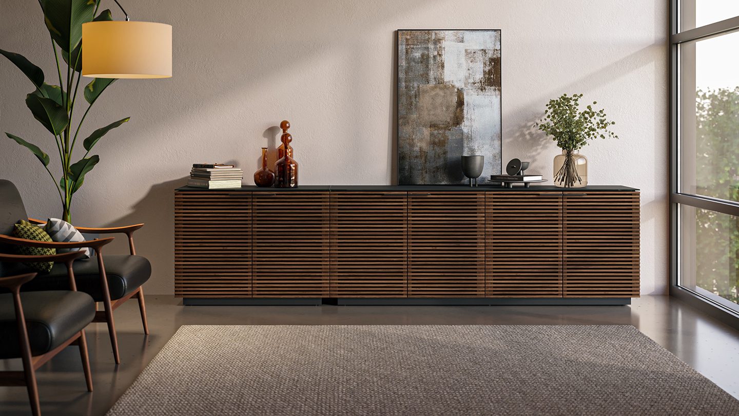 Showing the end to end expandability of the BDI Corridor storage collection, combining the 8108 and 8109 cabinets to create a larger storage solution.