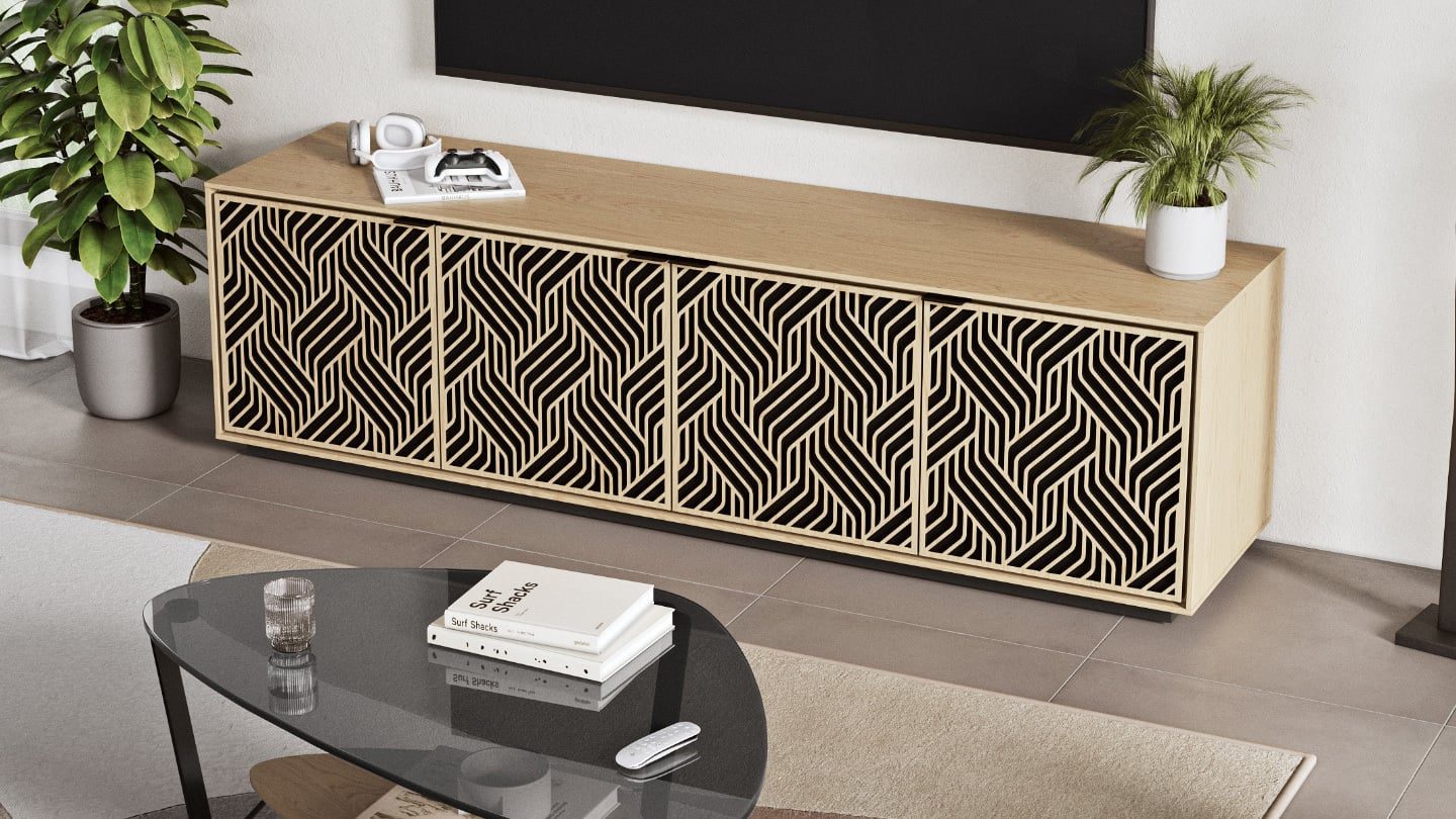 The Elements modern TV stand and storage cabinet by BDI Furniture is shown with its doors closed in a living room. It has a washed oak finish and the Weave door pattern.
