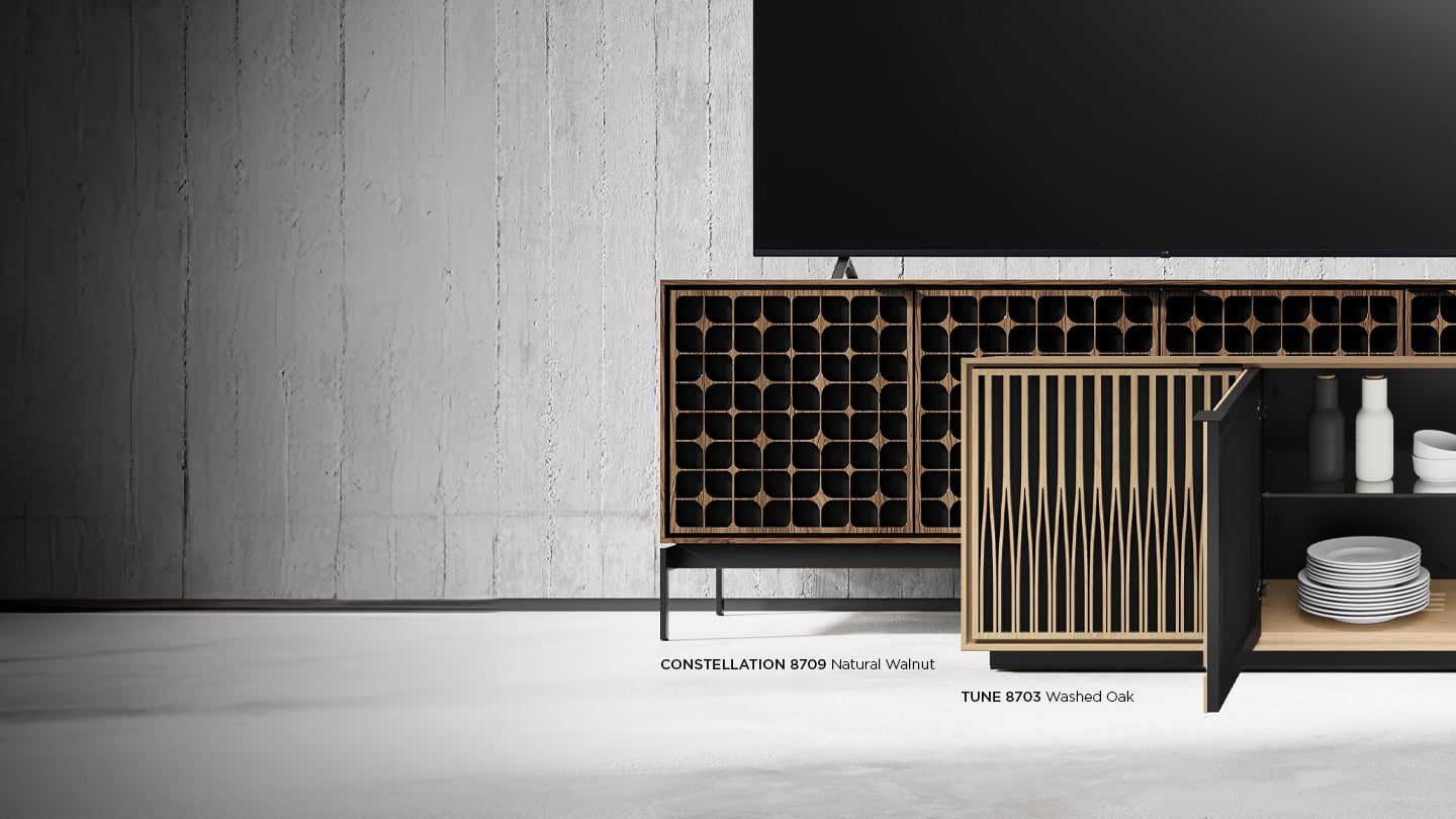 Elements media storage collection BDI furniture toasted oak walnut console rolling plinth base comparison 1440 810 v2b
