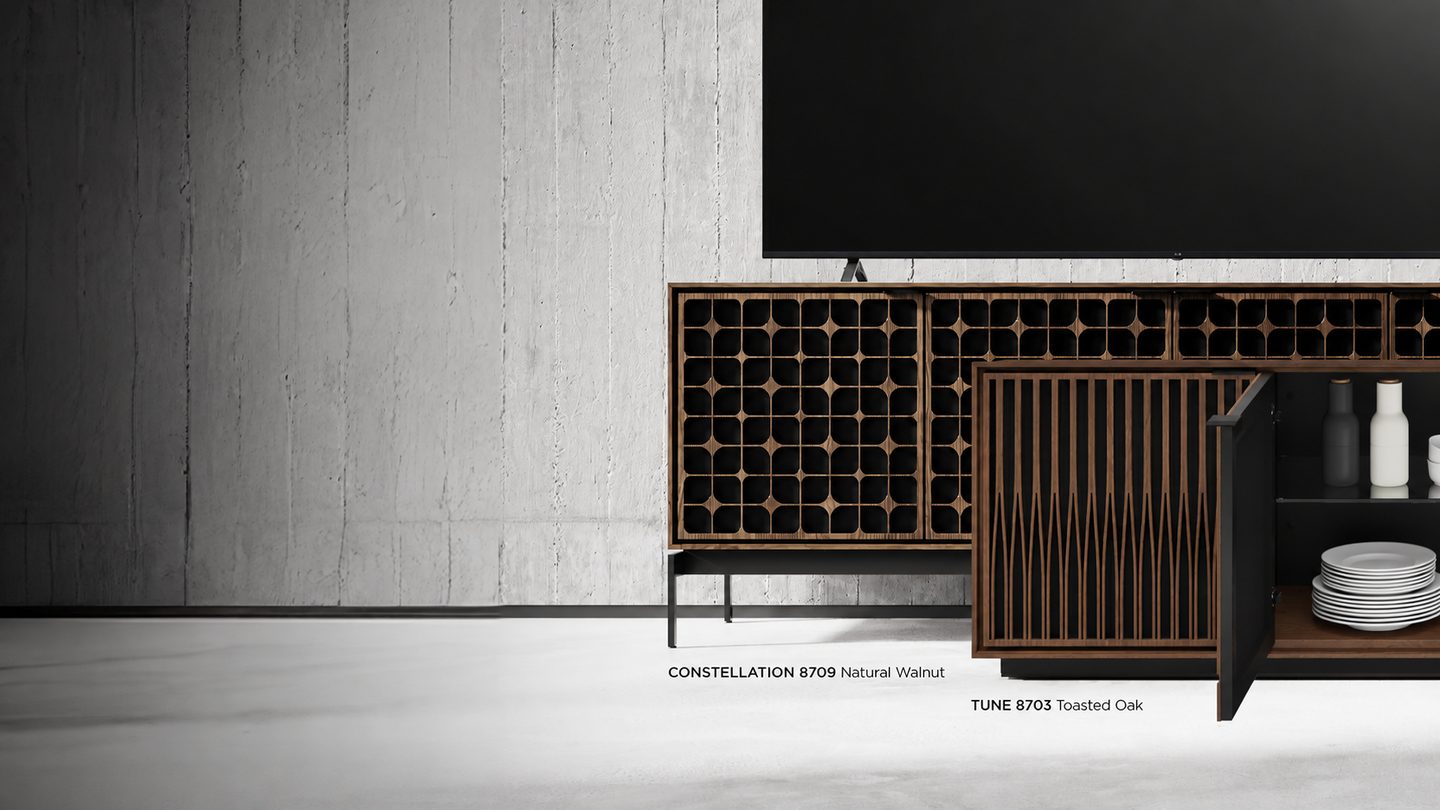Elements media storage collection BDI furniture toasted oak walnut console rolling plinth base comparison 1440 810