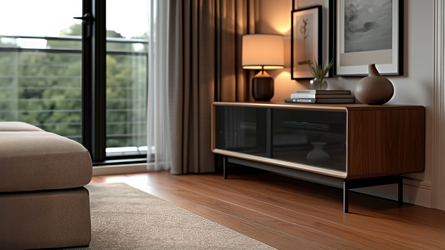 low profile tv console for storage walnut with glass doors sleek home storage