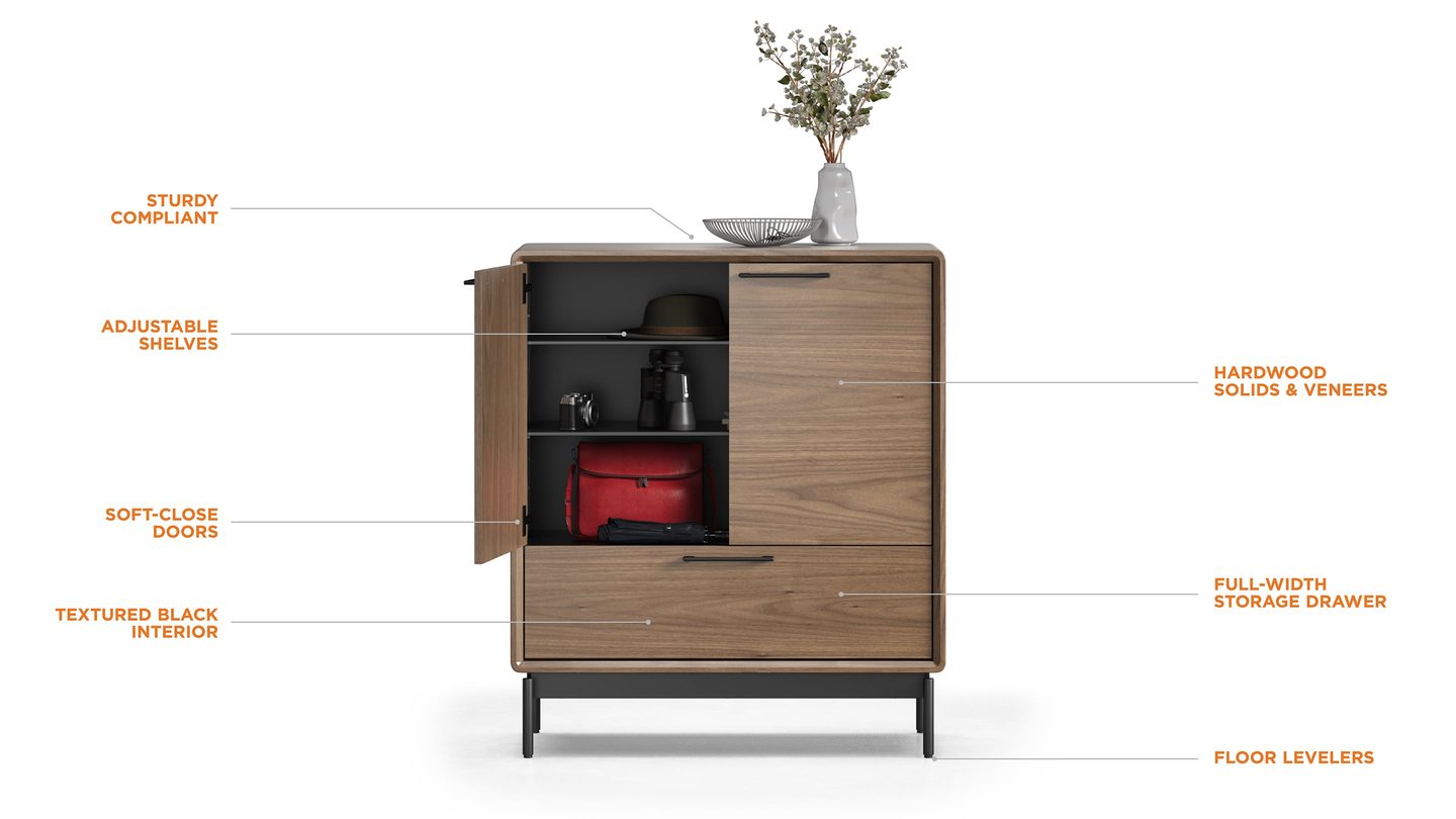 BDI LINQ 7585 entryway cabinet feature callout showing adjustable shelves, soft-close doors, a full-width drawer, and floor levelers.