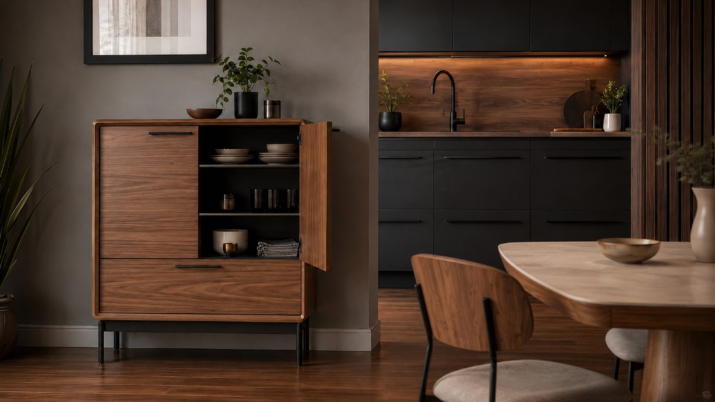 BDI LINQ 7585 walnut entryway storage cabinet by BDI with open door, shelves, and drawers in a modern dining room.