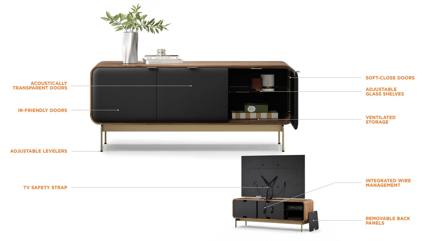 Plume 8077 media cabinet in Natural Walnut with feature callouts for acoustic transparency, cable management, adjustable shelves, and rear access panels.