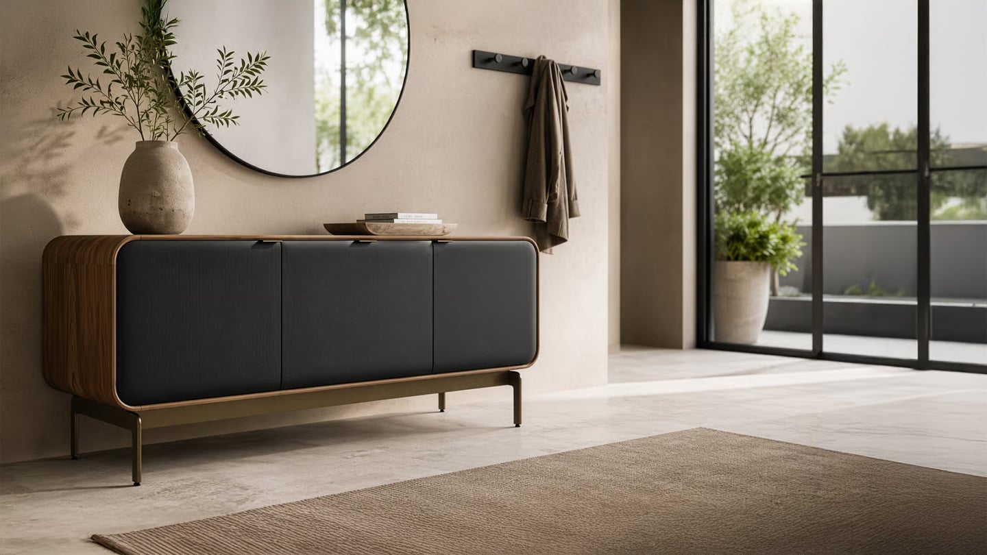BDI Plume media and storage cabinet in Natural Walnut with bronze base, rounded corners, and fabric-wrapped doors.