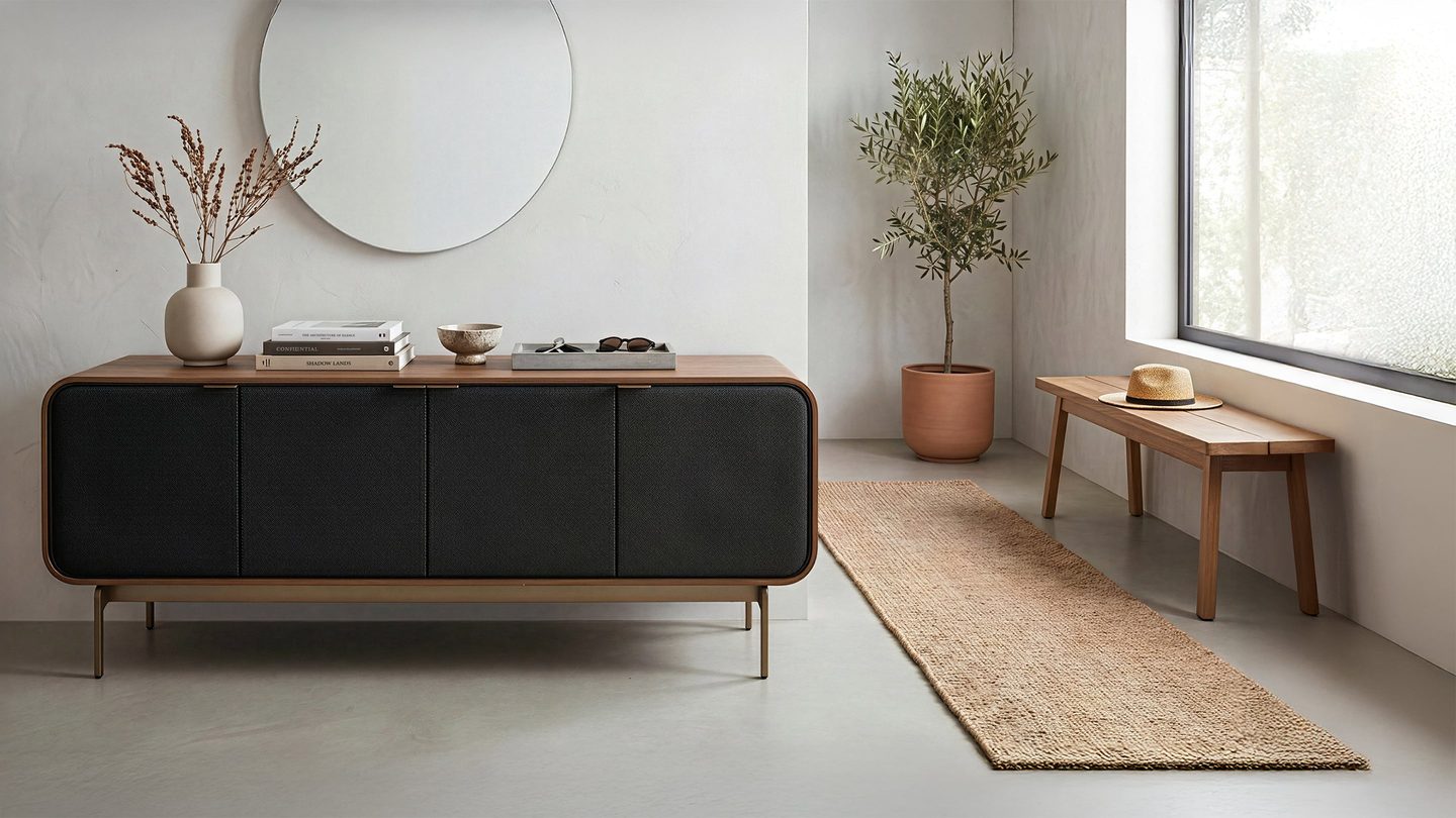 BDI Plume 8079 four-door storage credenza in Natural Walnut with black acoustic doors in a bright modern entryway.