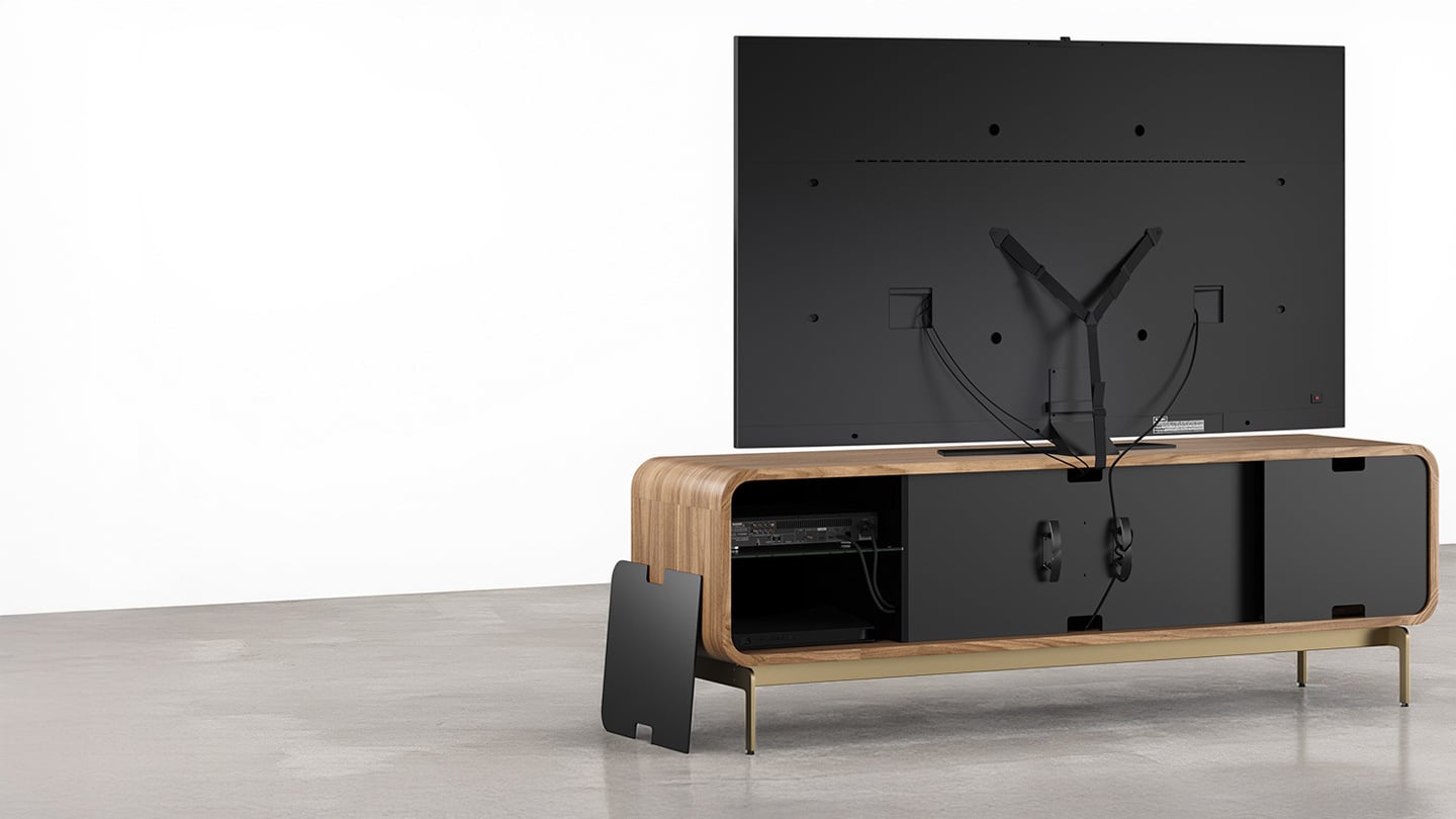 TV storage console with removable back panels and easy access to wiring and cable management
