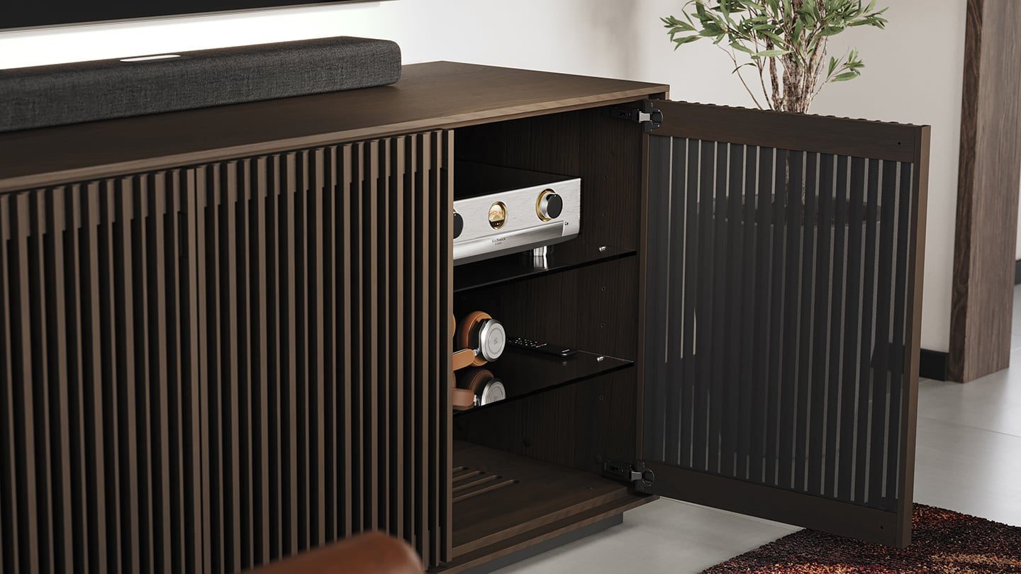 Profile 8477 BDI furniture toasted oak mediastorage stand slated doors 1440