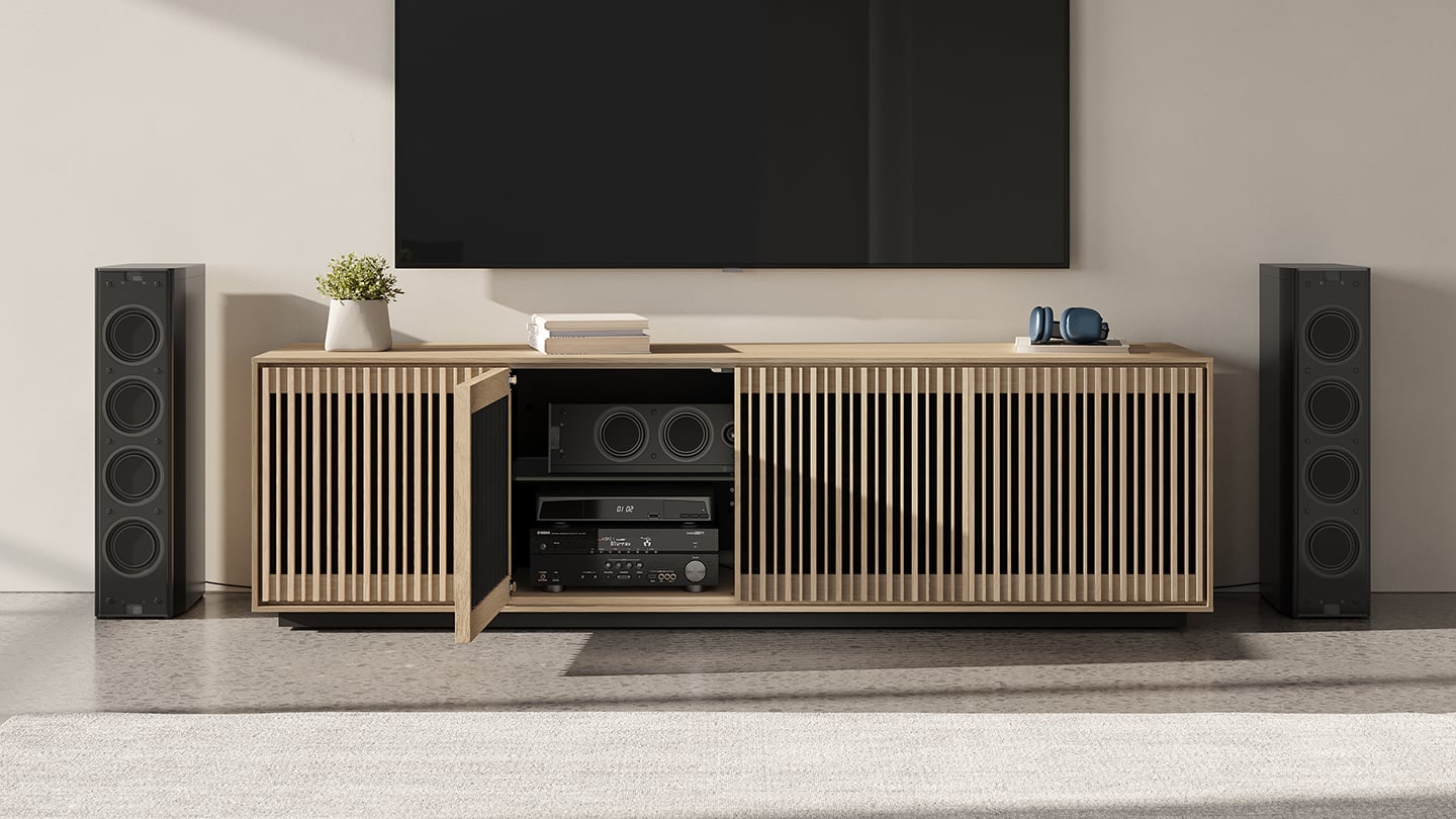 Profile 8479 BDI washed oak media storage cabinet home theater setup 1440 810