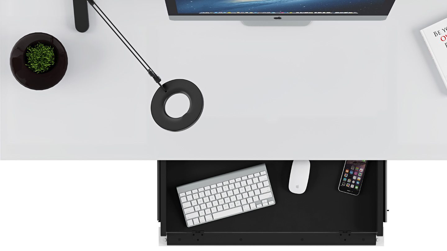 The Centro 6401 modern desk by BDI features a striking white finish and flip-down keyboard drawer that is lined with a mouse-friendly non-slip material.