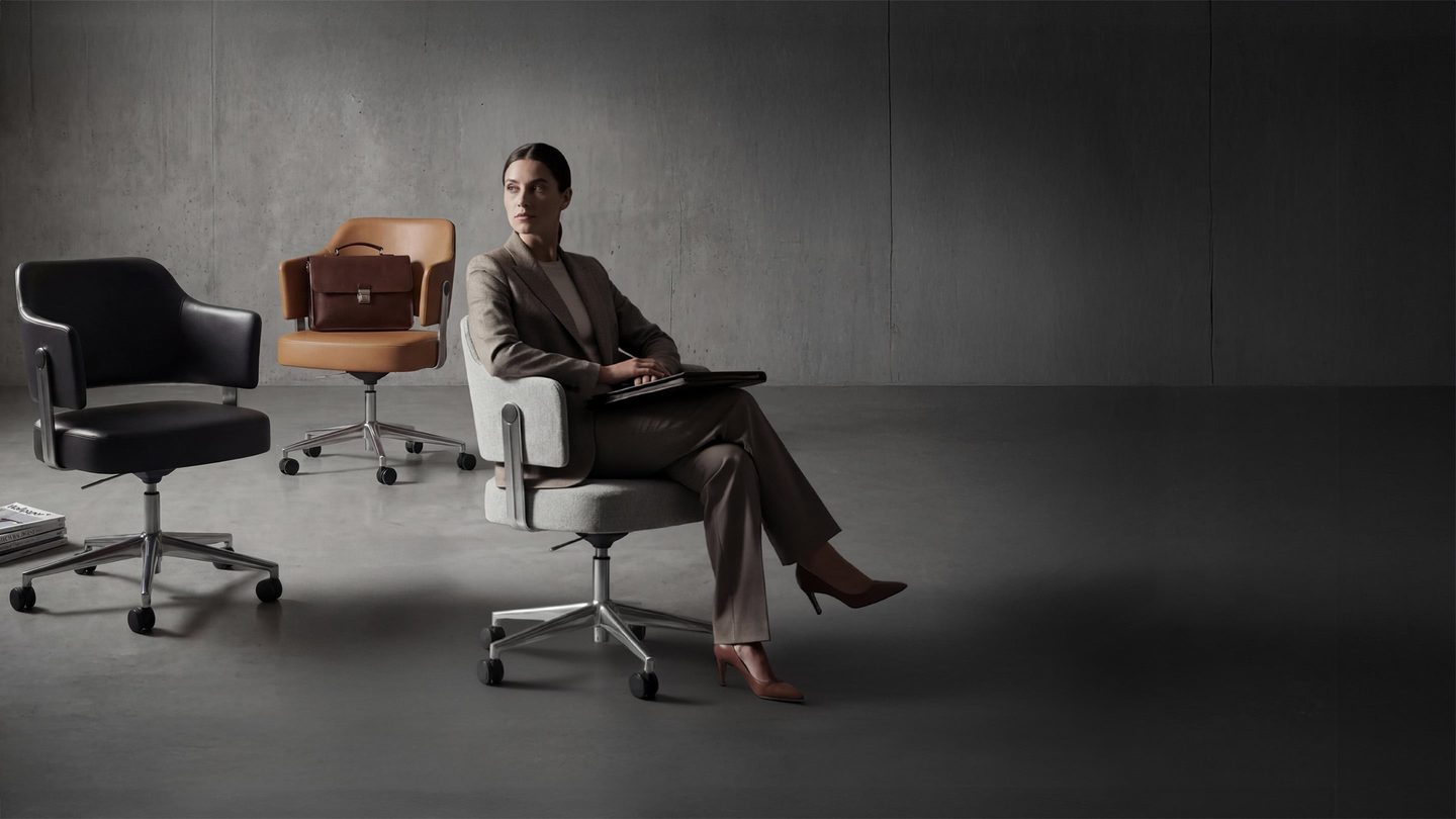 BDI Circa office task chairs shown in multiple finishes, highlighting swivel bases and smooth mobility.