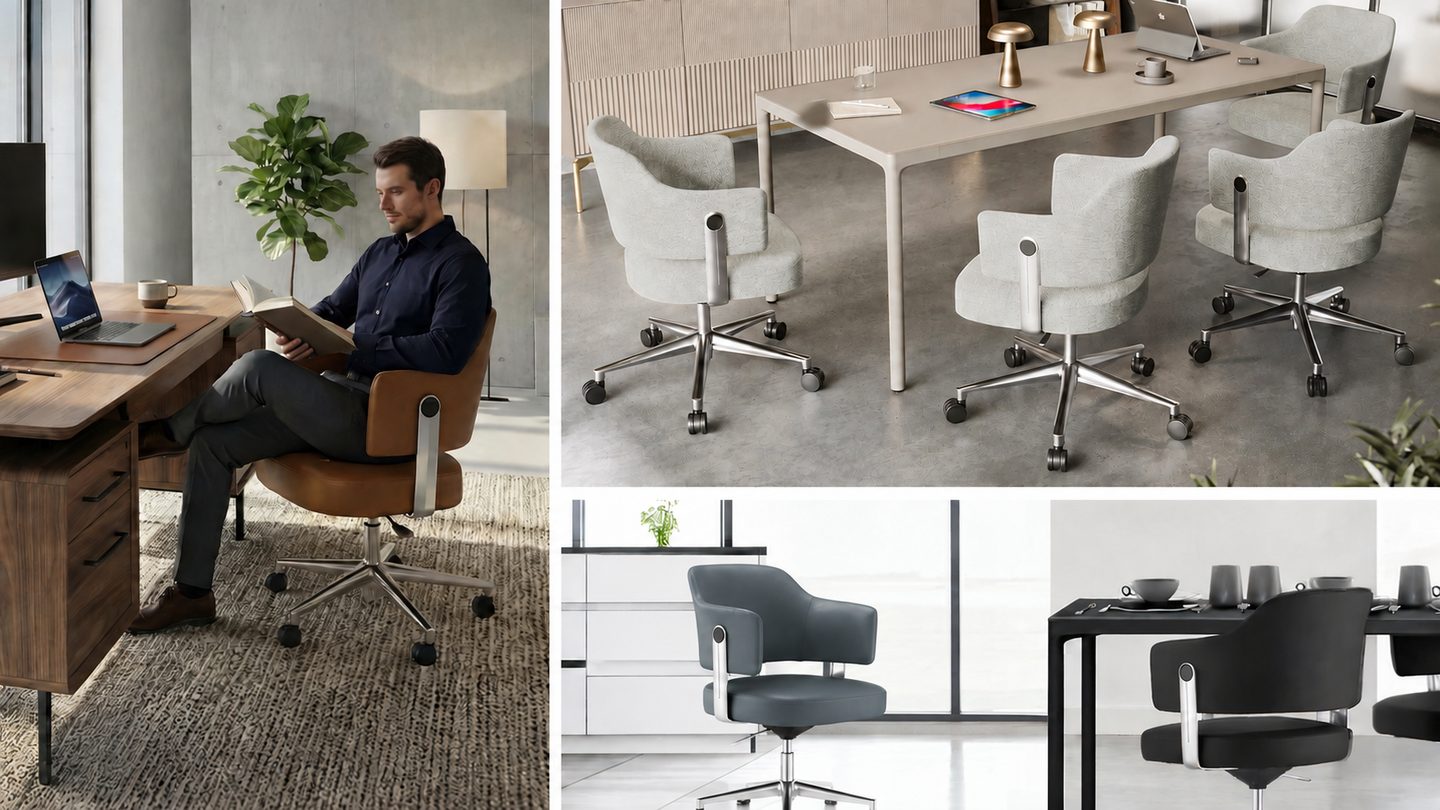 BDI Circa modern office task chair shown in aniline leather and performance fabric finishes in individual and shared work settings.