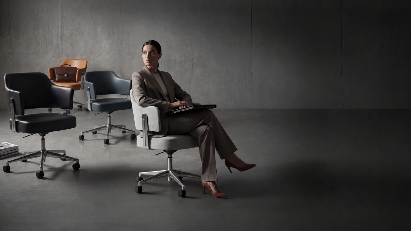 BDI Circa office task chairs shown in multiple finishes, highlighting swivel bases and smooth mobility.