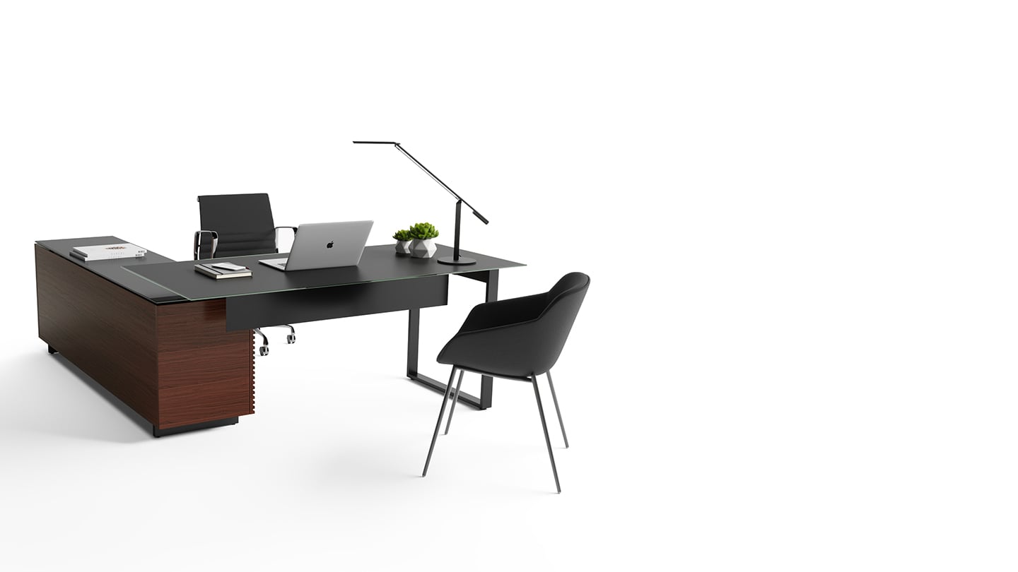 With a fully finished back panel, the BDI Corridor L-Desk can easily float within a room and create an ideal space for cross-collaboration and brainstorming.