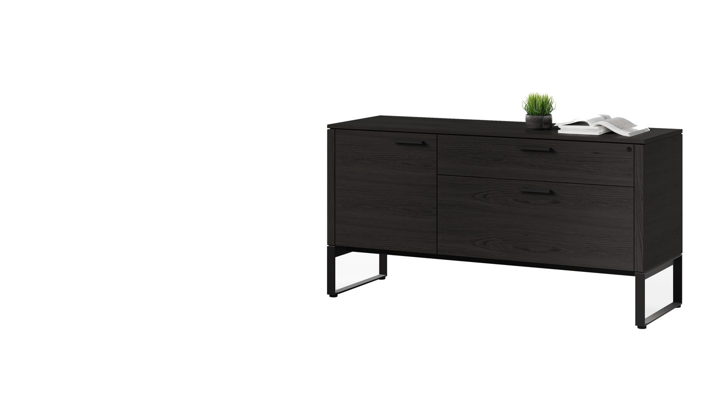 Linea 6220 multifunction office and storage cabinet by BDI, shown in Charcoal Stained Ash finish against a white background.