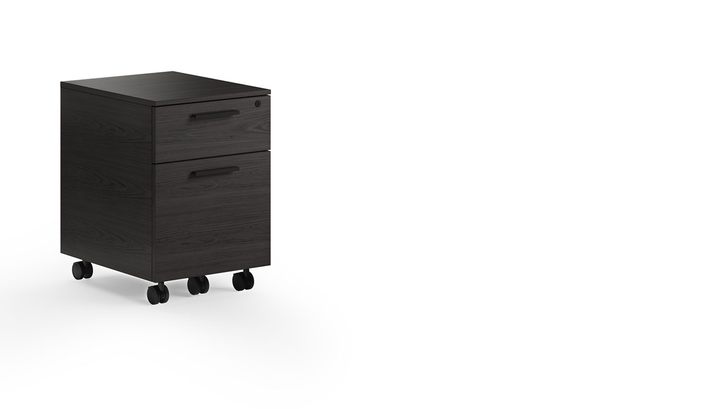 The BDI Linea 6227 mobile file cabinet, shown in Charcoal finish, features locking wheels.