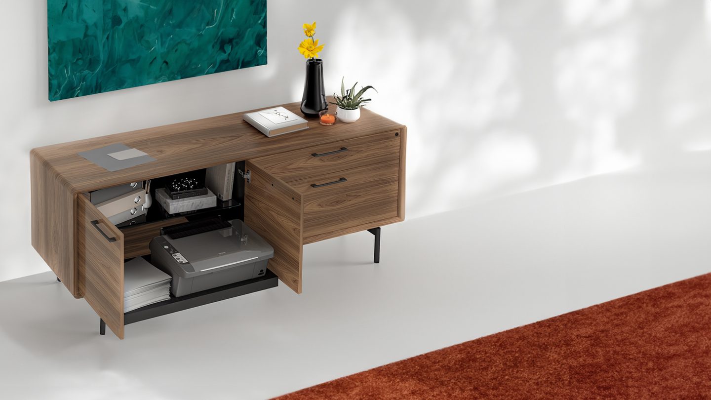 versatile storage cabinet with printer storage tray and wire management, locking file drawers