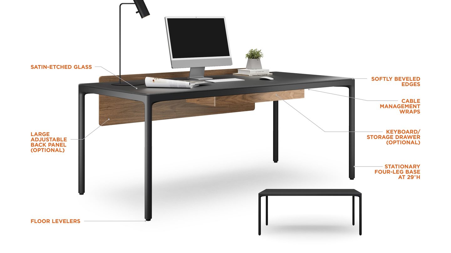 BDI Luma work desk with feature callouts for the satin-etched glass surface, ergonomic edges, and cable management.