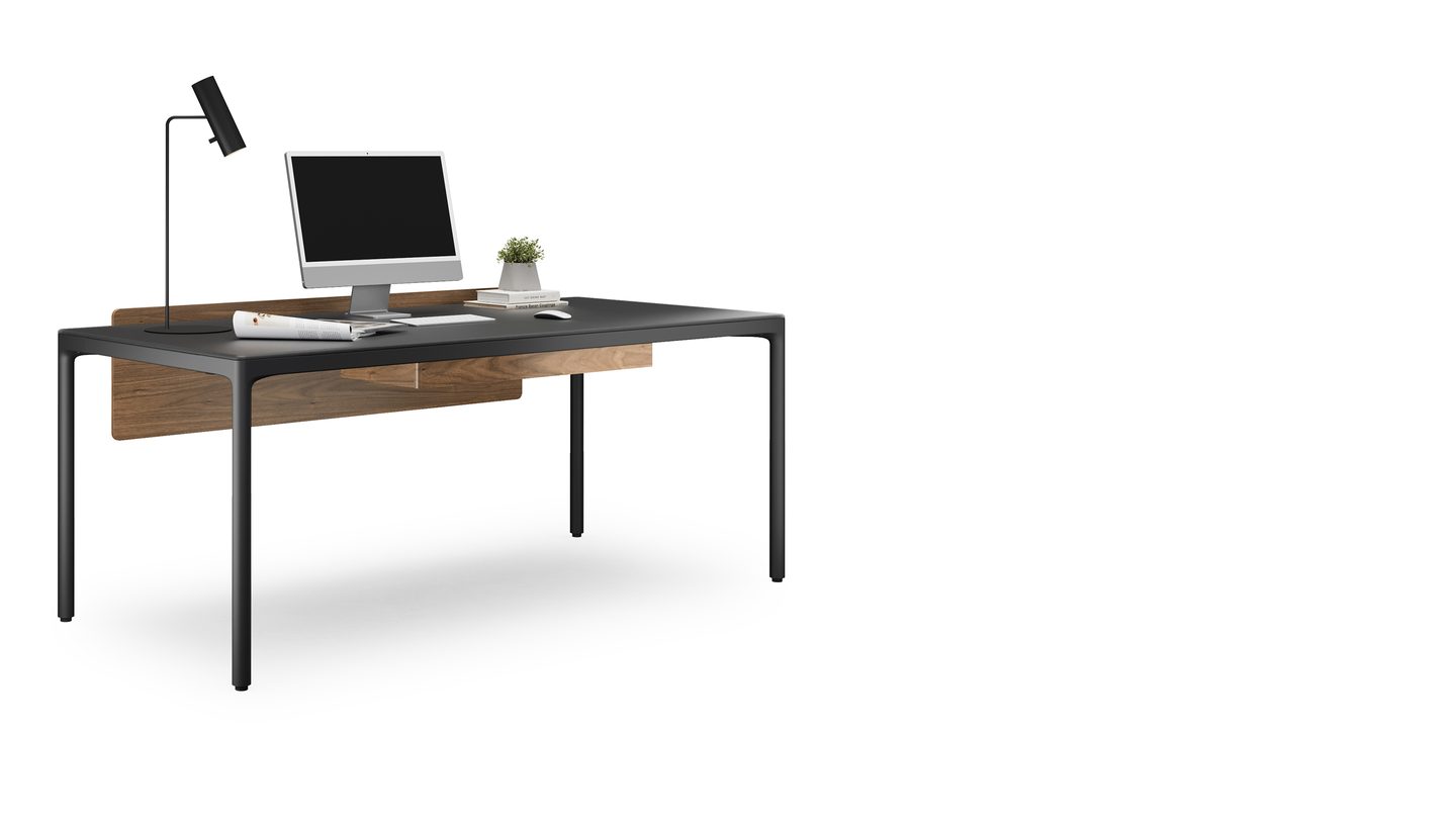 BDI Luma 6763S stationary desk shown with optional Adjustable Back Panel and Keyboard+Storage Drawer accessories.
