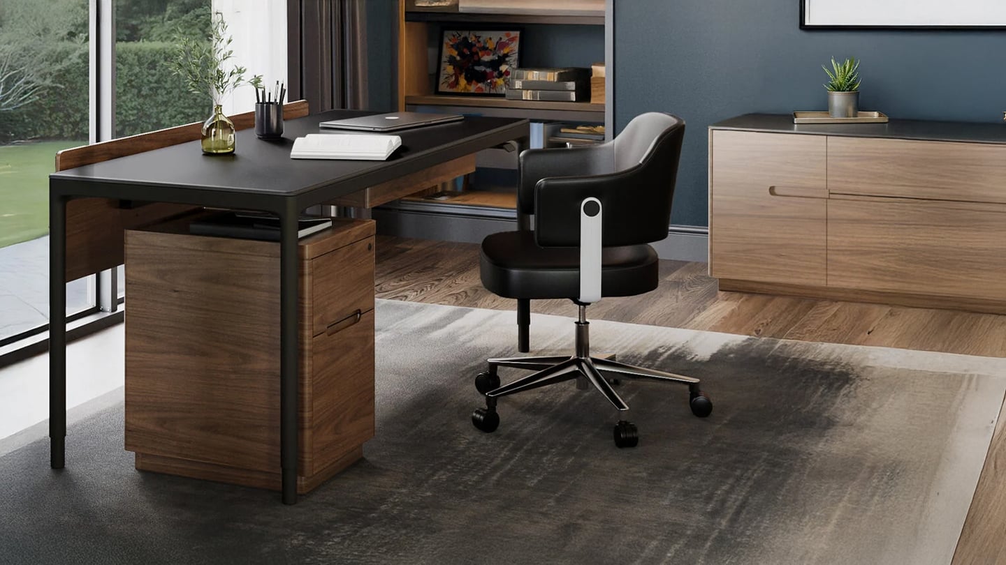 Luma office lift desk 6762 BDI file pedestal 6727 keyboard storage drawer 6769 large adjustable back panel 6767 BDI Circa chair modern home office 1440 810
