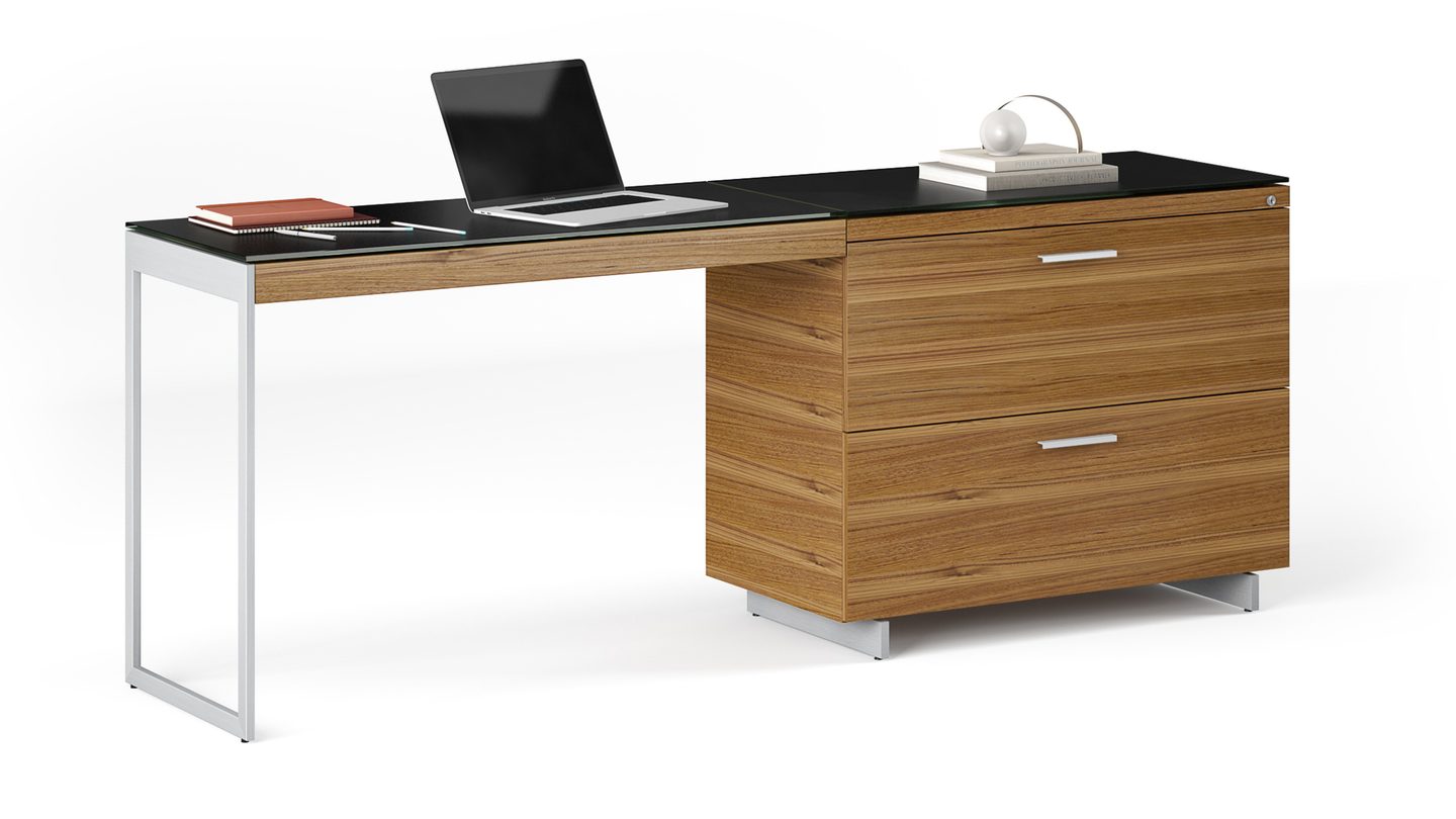 BDI Sequel 6116 lateral file cabinet partnered with a Sequel 6112 desk Return to create a compact workspace.