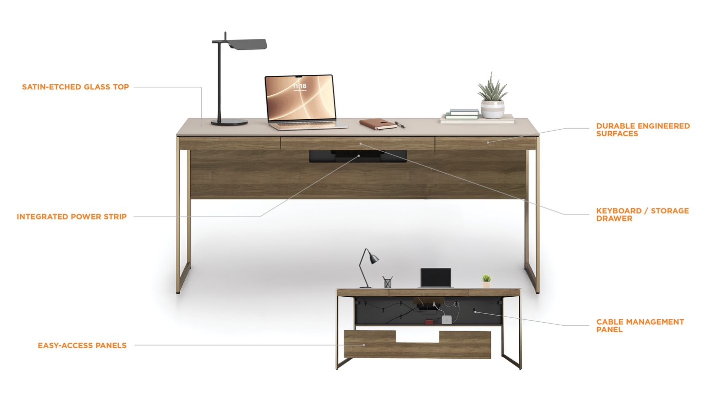 BDI Sequel Studio 6601 desk detail showing features such as flip-down cable concealment and wire management panel, and an integrated power strip.