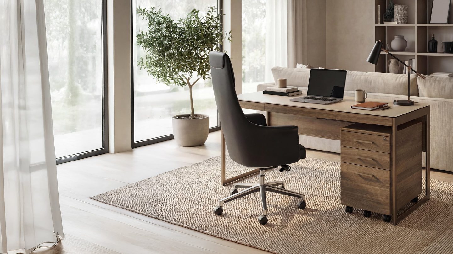 BDI Sequel Studio modern home office collection with desk and mobile storage configuration.