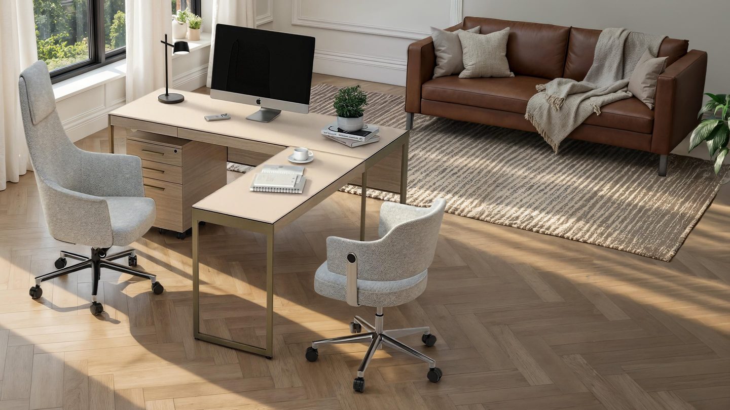 BDI Sequel Studio 6601 desk top view showing satin-etched glass surface and extended collaborative workspace layout with desk return, Bolo and Circa chairs.