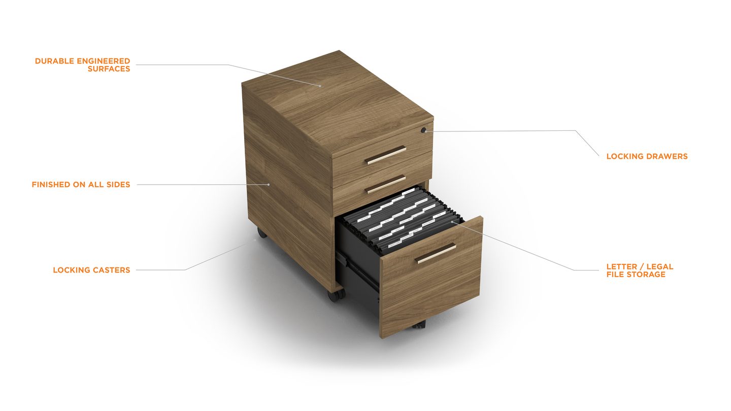 BDI Sequel Studio 6607 file storage cabinet showing dual utility drawers and open file drawer.