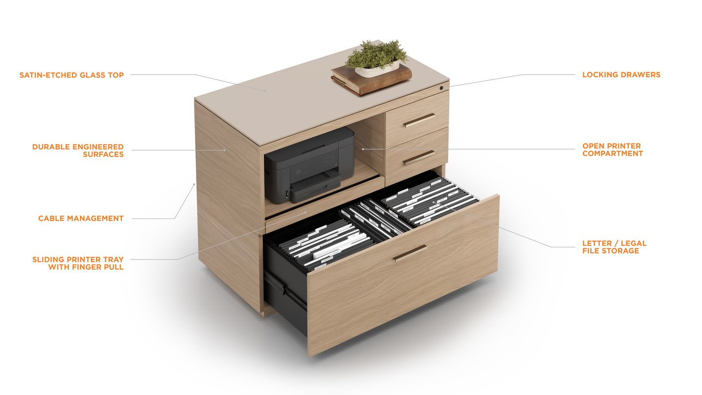 Features of the BDI Sequel Studio modern home office multifunction storage cabinet and printer stand.