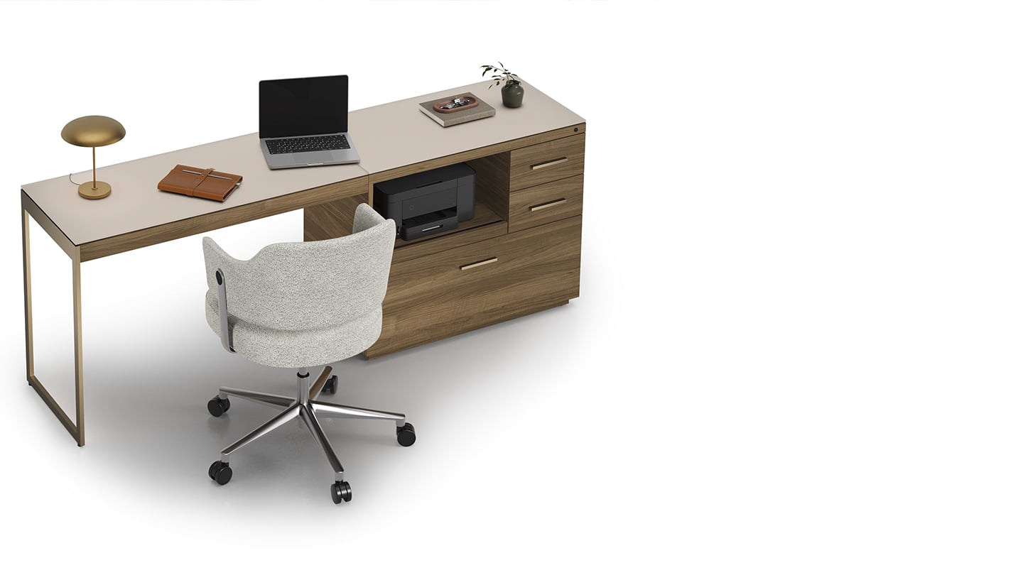 BDI Sequel Studio modern home-office multifunction cabinet paired with the desk return to create a streamlined laptop workstation.