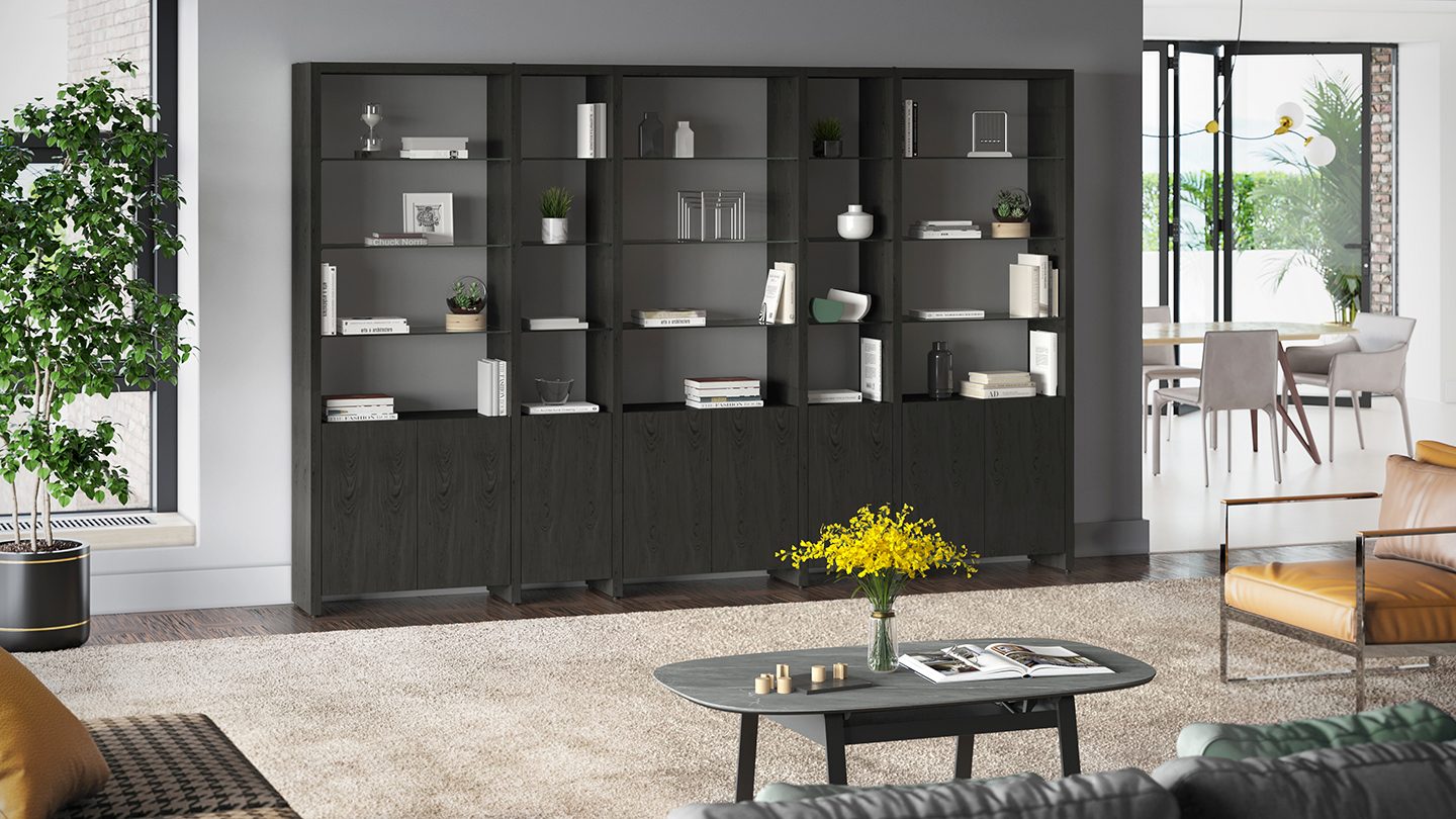 Linea modern glass shelves in Charcoal finish.