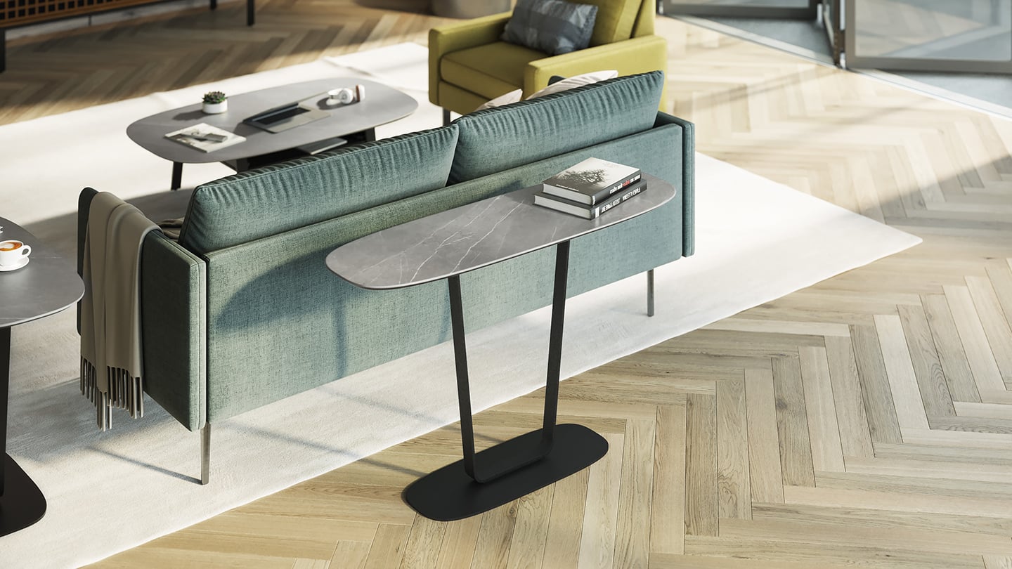 The Cloud 9 modern console table is at home in an entryway, but its slim profile also fits neatly in a hallway or behind a sofa.