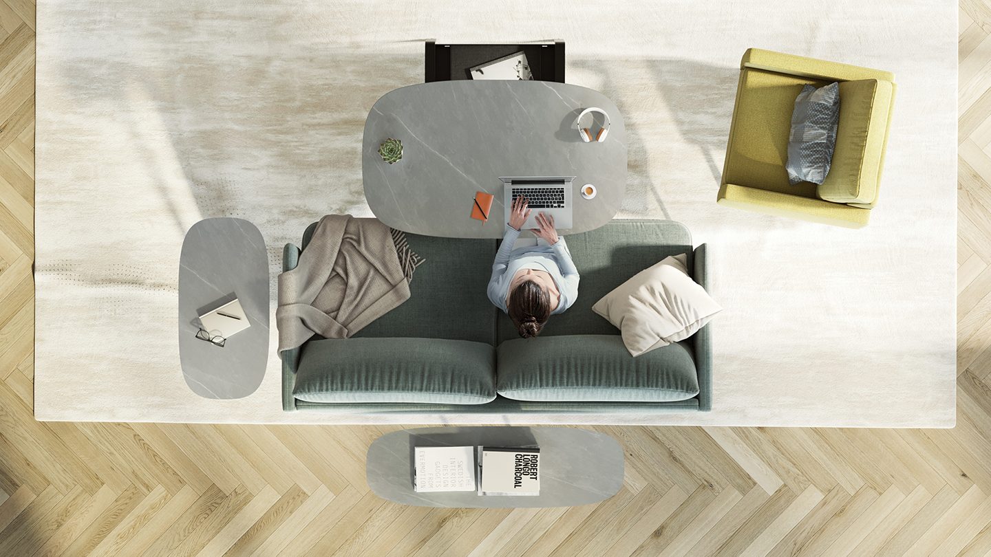 Overhead view of the Cloud 9 modern table collection in Alto Grey finish by BDI furniture.