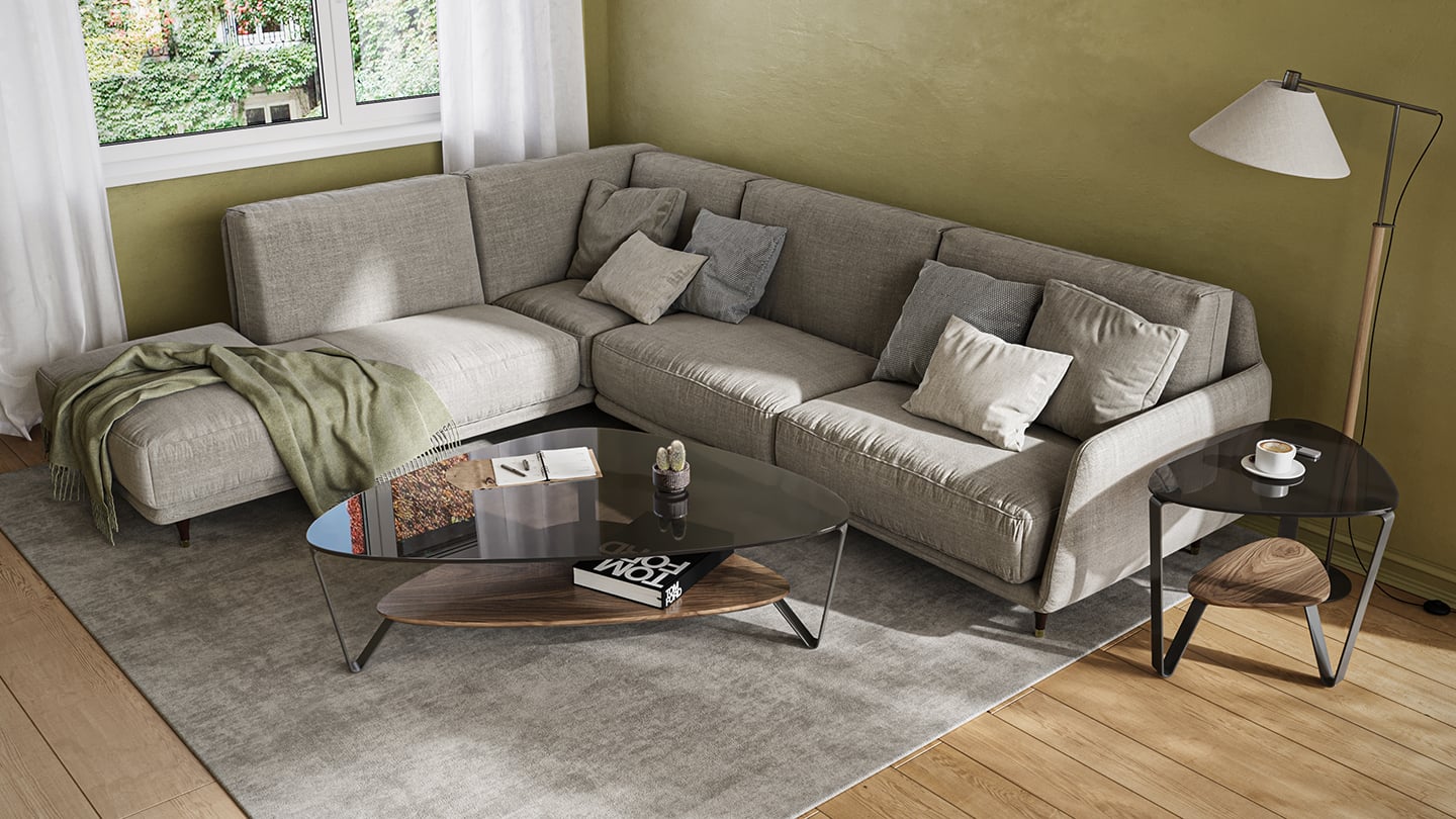 Dino 1363 large black modern glass wood coffee end table BDI walnut sofa setting 1440
