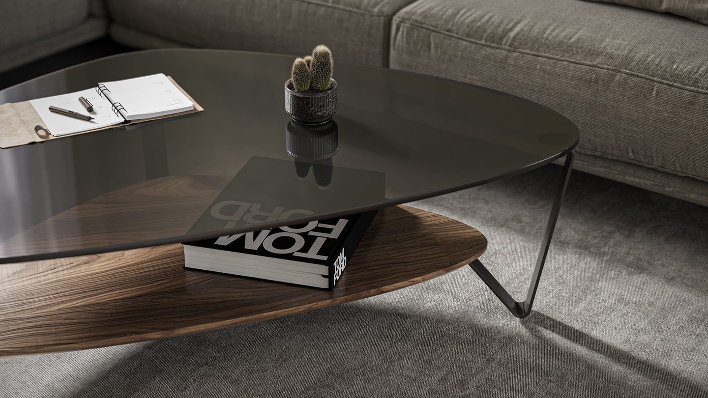 Dino small coffee 1364 BDI natural walnut modern glass wood table 1440