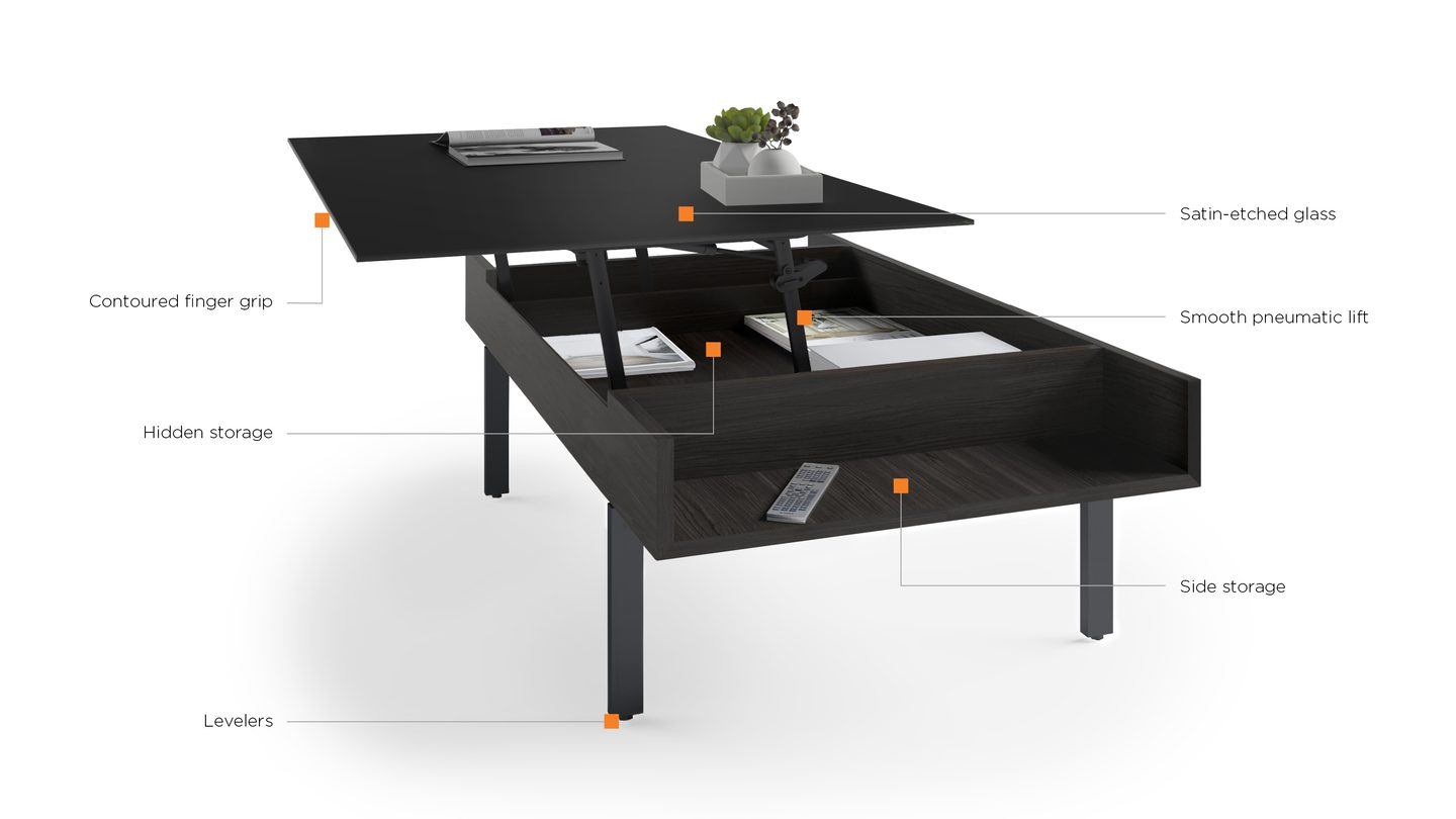 Image pointing out all of the features included in the Reveal 1192 lift top modern coffee table by BDI Furniture.