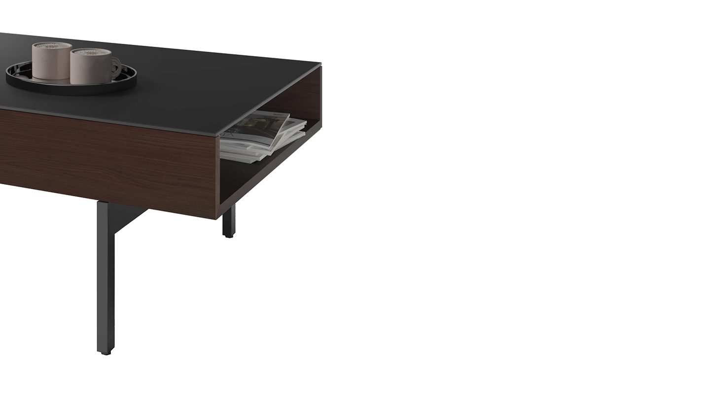 Image showing levelers on the feet, along with side storage, on the Reveal lift top adjustable height coffee table by BDI Furniture.
