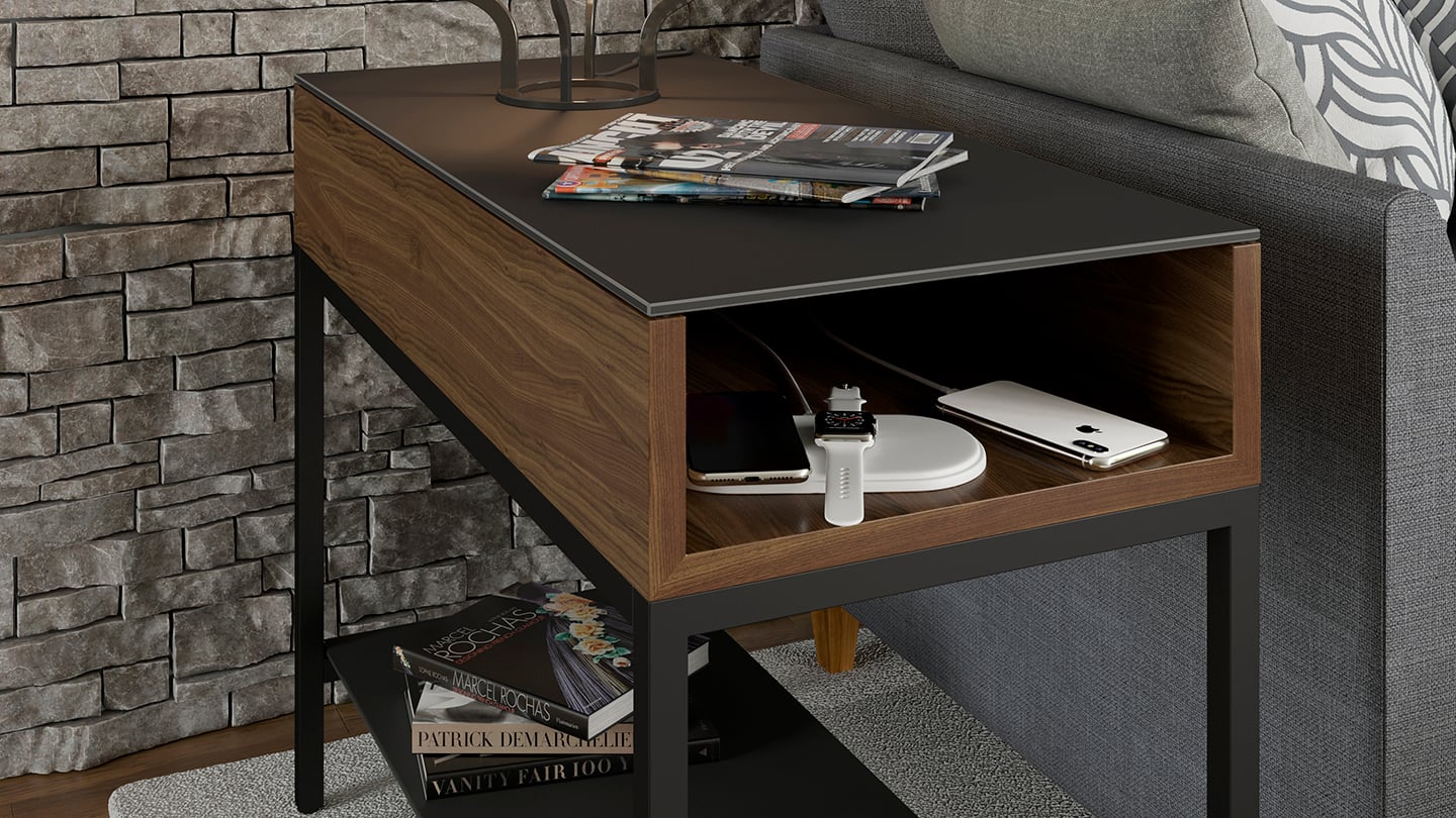 Reveal 1196 modern glass top end table BDI walnut wire management 1440