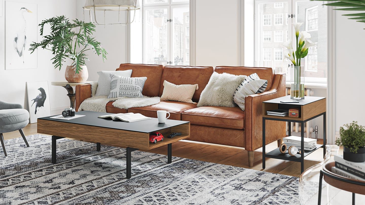 Reveal modern glass top end coffee table collection bdi furniture natural walnut 1440